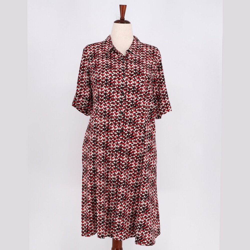 J.JILL Geometric Print Roll Tab Sleeve Button Front Shirt Dress Size 12